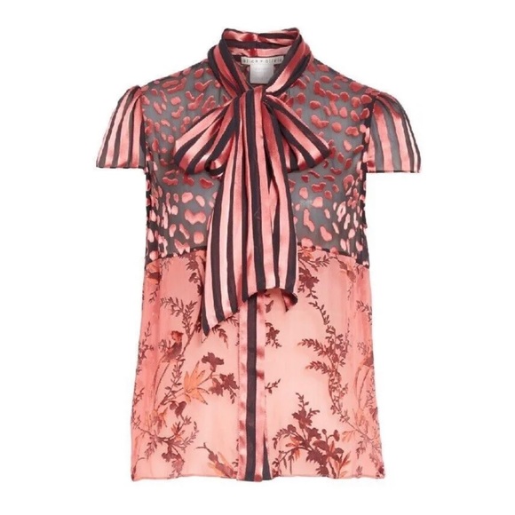 🎀SOLD🎀Alice + Olivia Jeannie Pink Stripe Leopard Neck Bow Blouse - Picture 6 of 10